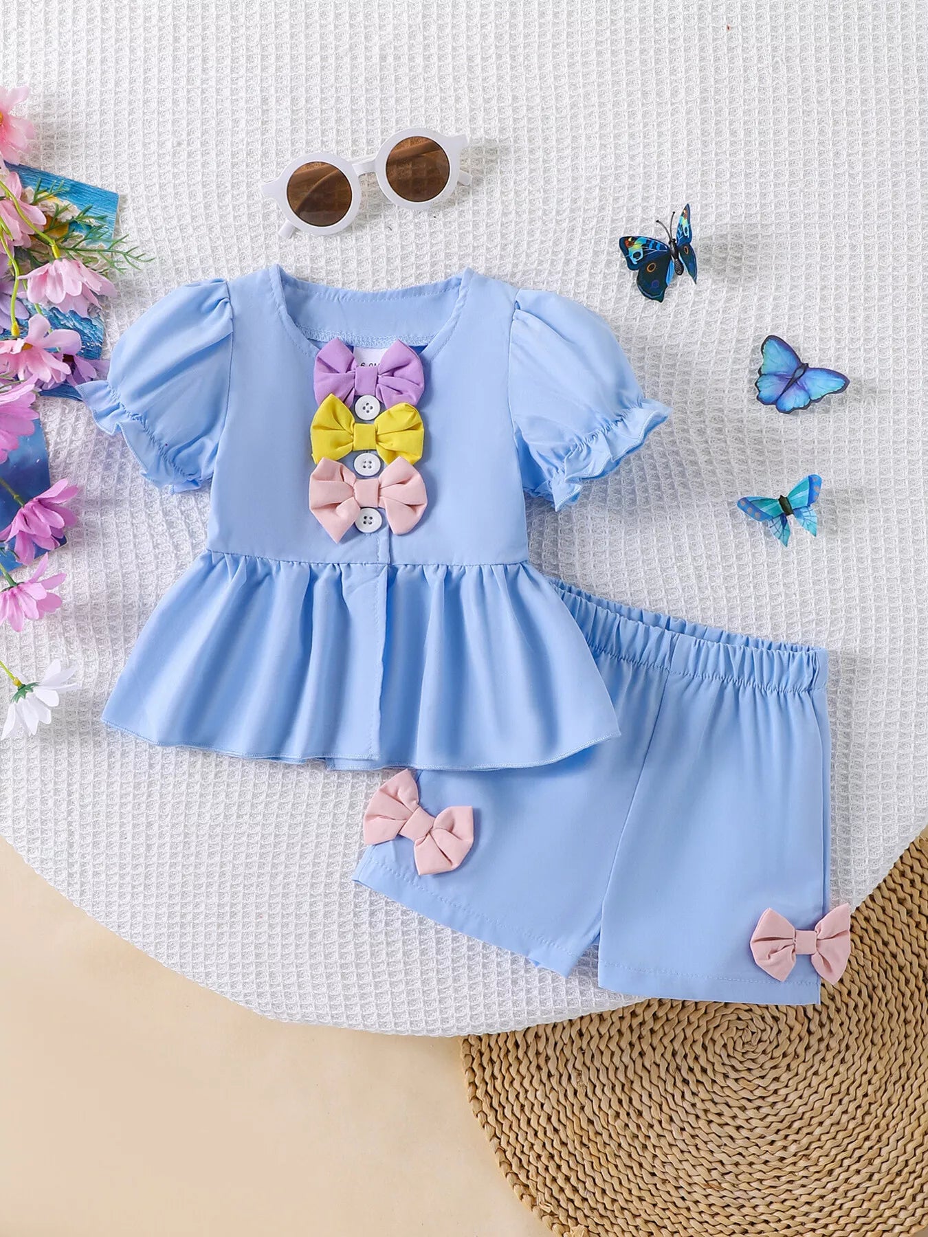 Children's Bow Puff Sleeve Top and Shorts Set