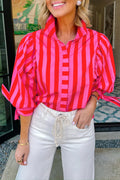 Red Stripe Tie Puff Sleeve Womens Button Down Shirt