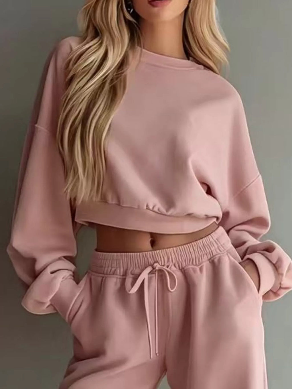 Round Neck Cropped Sweatshirt and Wide-Leg Pants