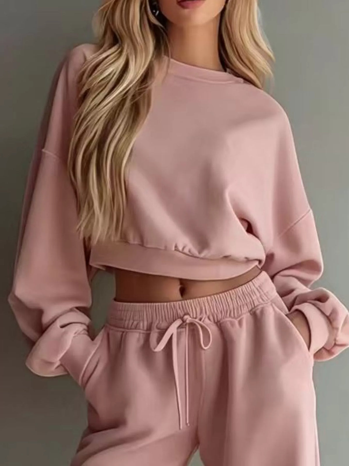 Round Neck Cropped Sweatshirt and Wide-Leg Pants