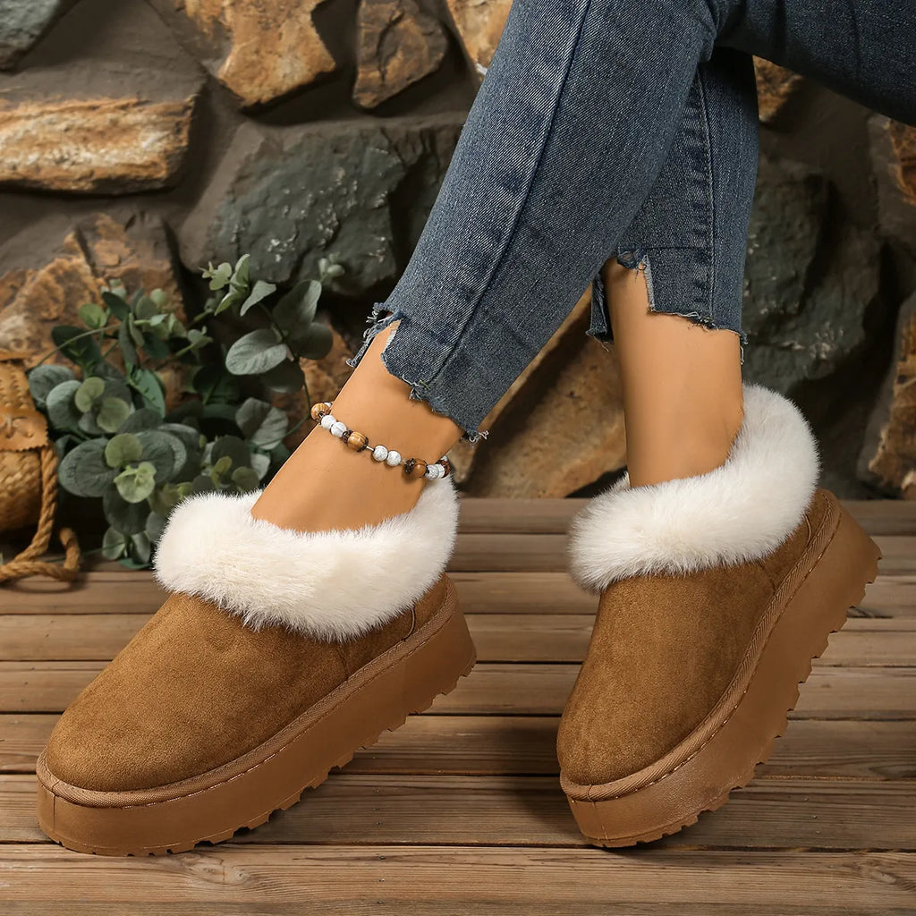 Fuzzy Trim Round Toe Platform Boots