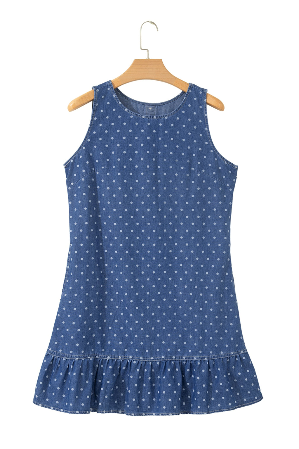 Blue Polka Dot Ruffle Hem Sleeveless Denim Mini Dress