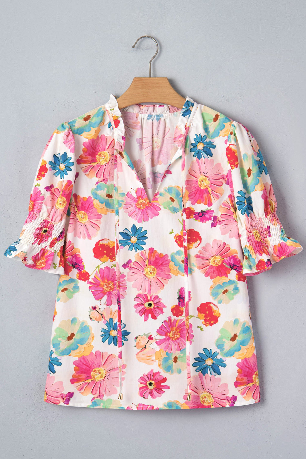 Beige Vibrant Summer Floral Tie V Neck Short Puff Sleeve Blouse