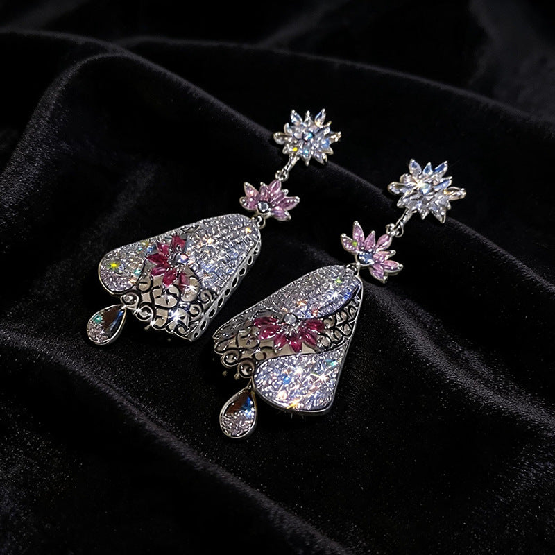 Women Long Dangle Multi Layer Flower Rhinestone Earrings,Exotic Heavy Craft Hollow Filigree Pink Crystal Drop Statement Jewelry For Wedding Banquet Party Occasion