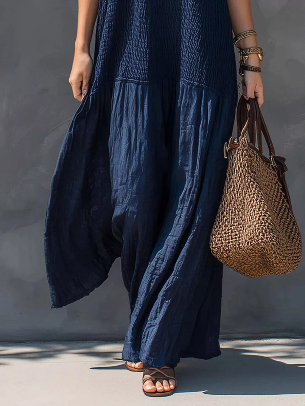 Sleeveless Smocked V-Neck Casual Maxi Dress