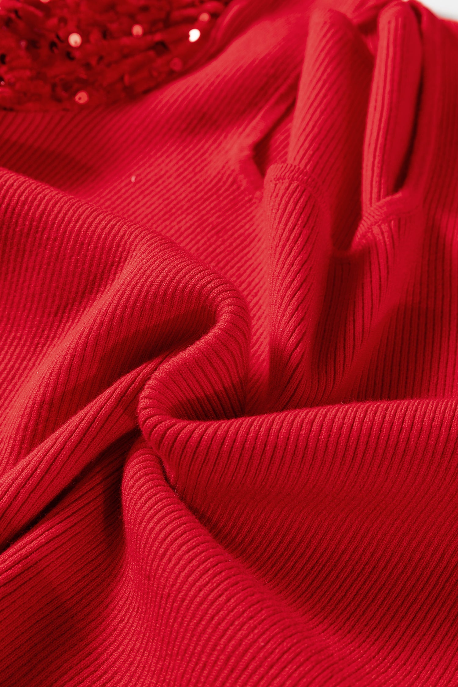 Fiery Red Sequin Sleeve Patchwork Ribbing Knit Square Neck Holiday Sweater