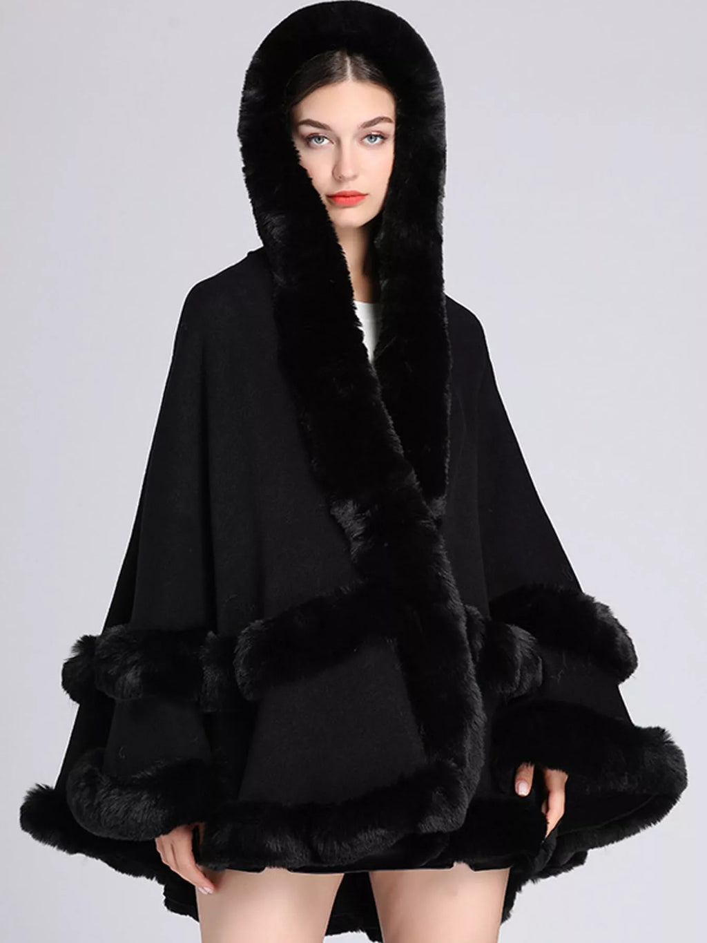 Faux Fur Trimmed Hooded Cape