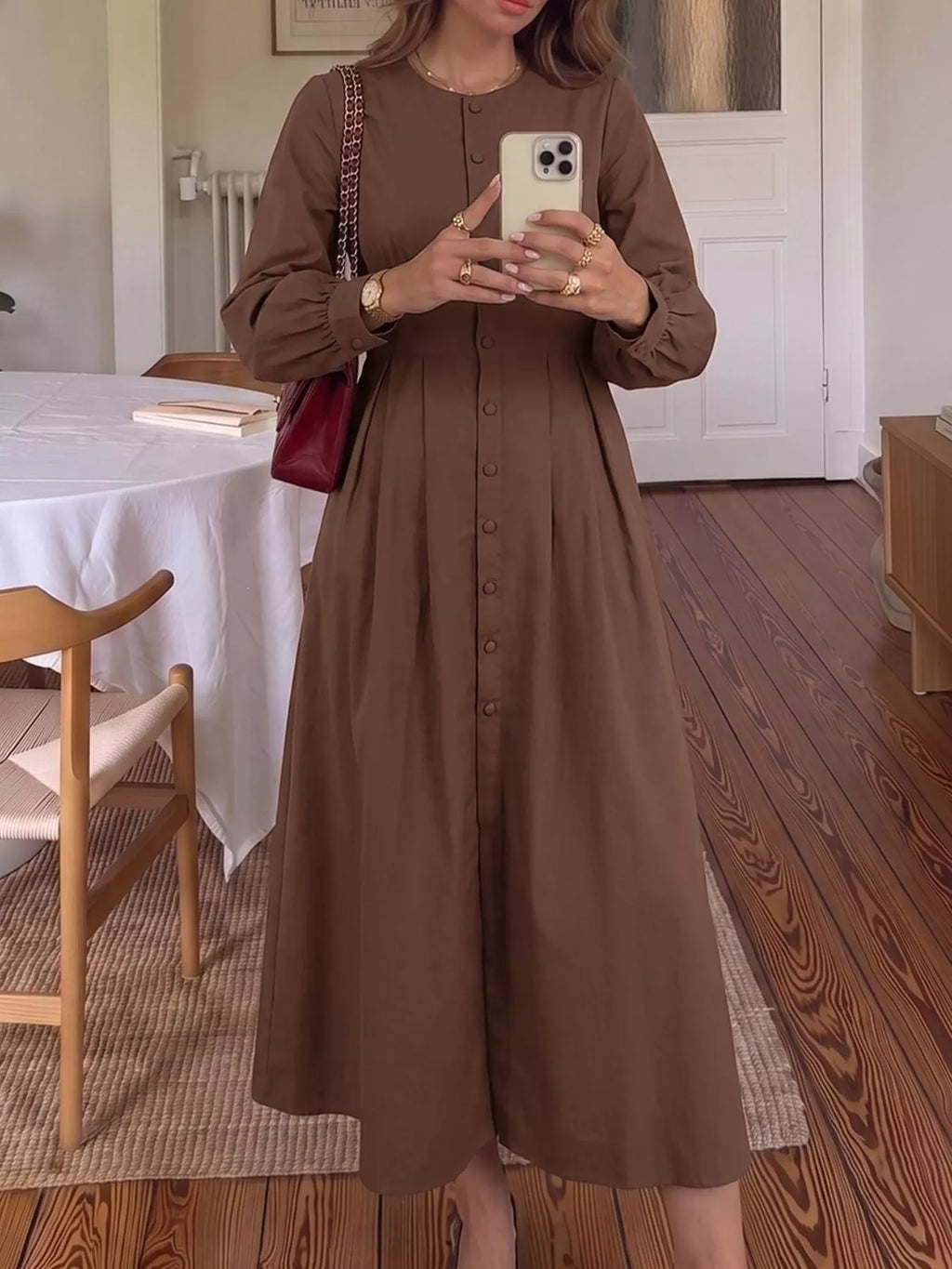 Button-Down Long Sleeve Midi Dress