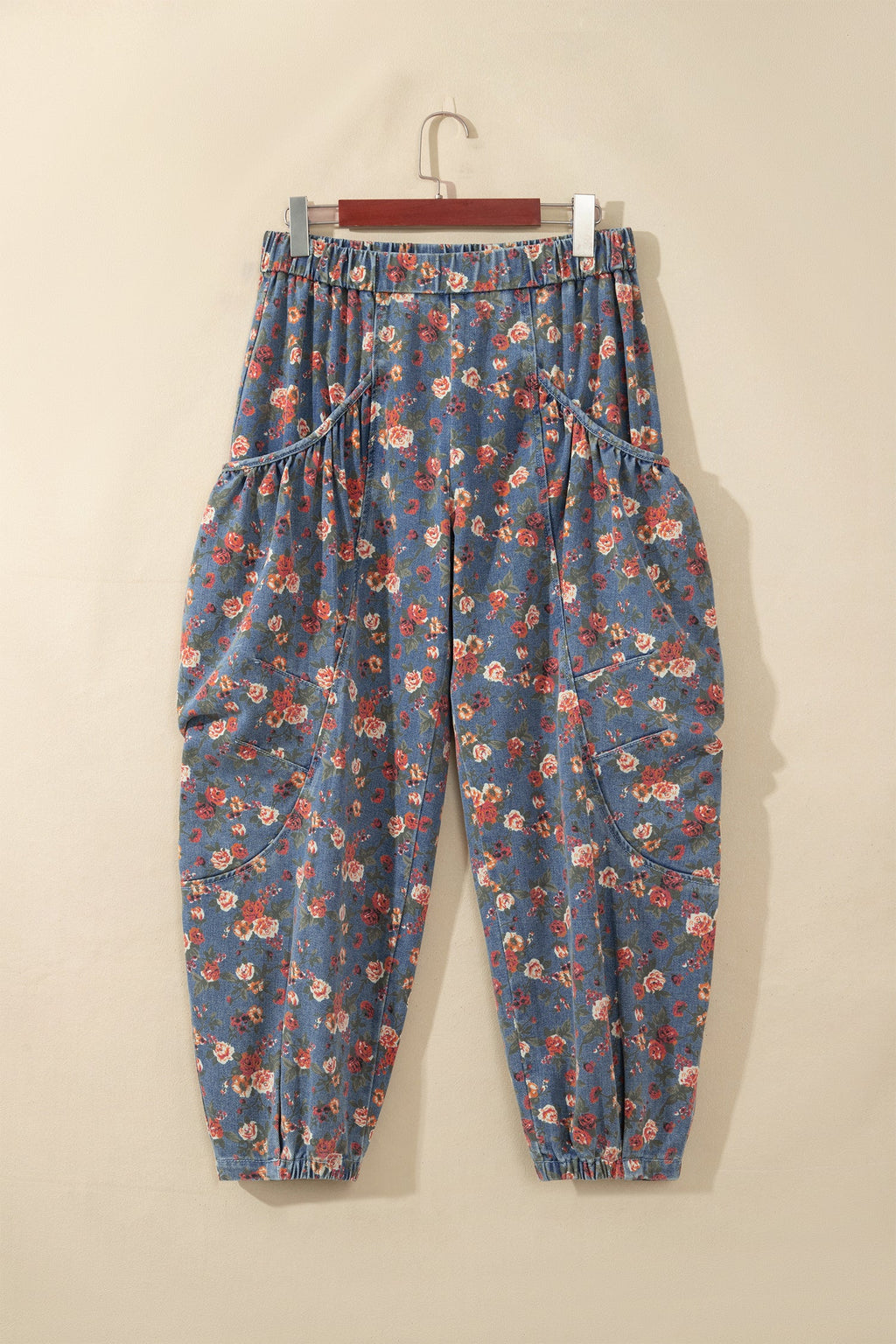 Beau Blue Retro Floral Print Elastic Waist Pocketed Barrel Jeans