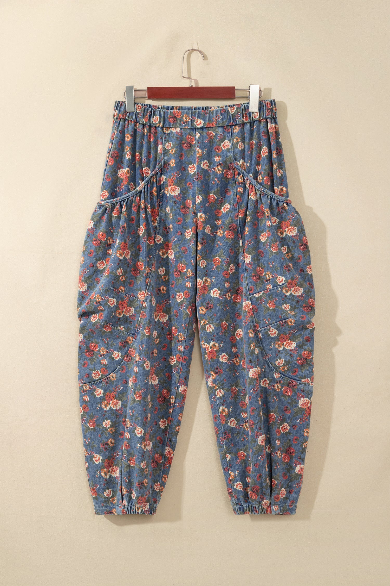 Beau Blue Retro Floral Print Elastic Waist Pocketed Barrel Jeans