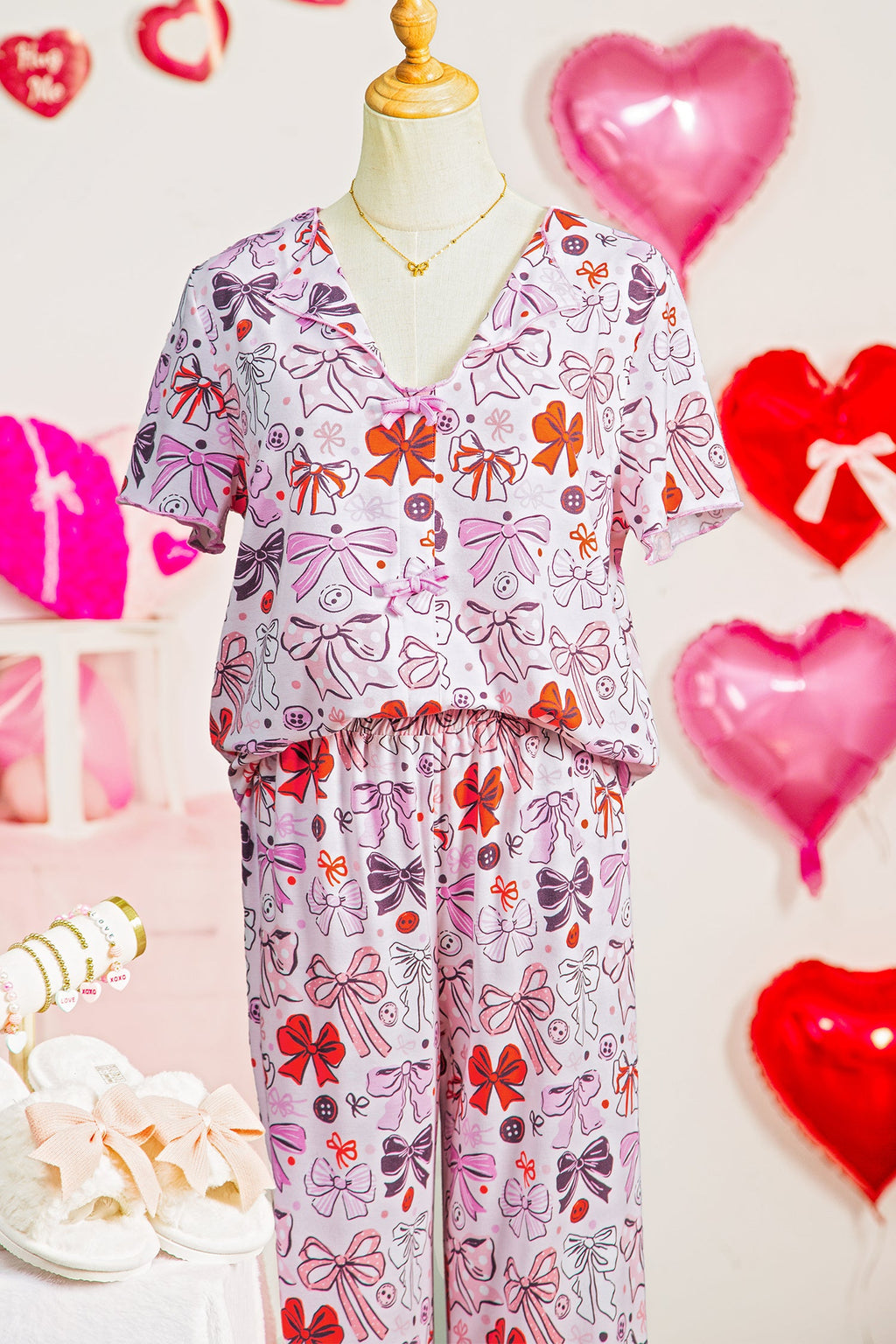 Pink Diverse Bows Buttons Printed Contrast Trim Short Sleeve Shirt Pajama Pant Set