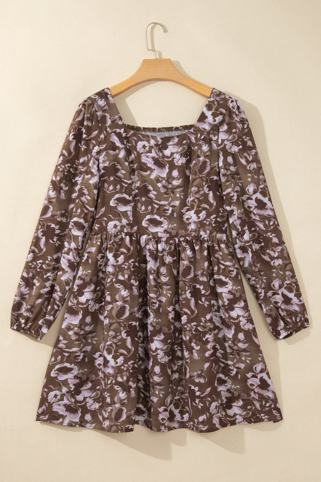 Brown Abstract Floral Print Square Neck Long Sleeve Mini Shift Dress