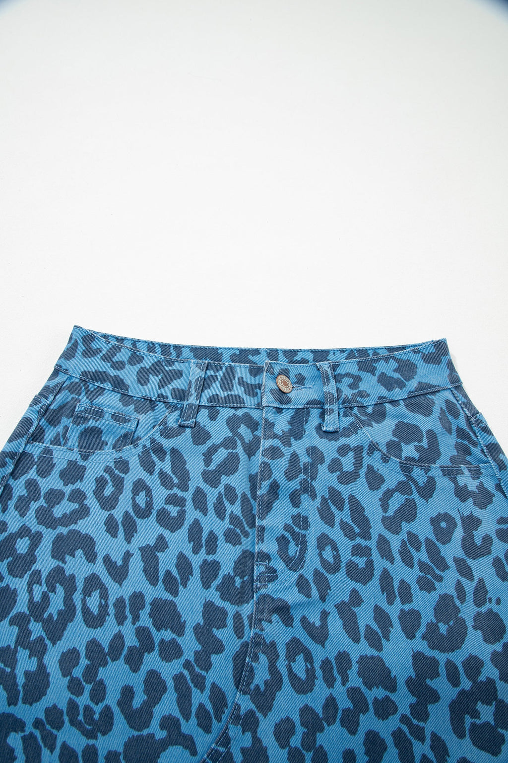 Leopard Denim Frayed Hem Midi Skirt