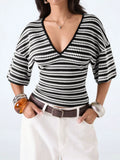 Striped V-Neck Knit Top