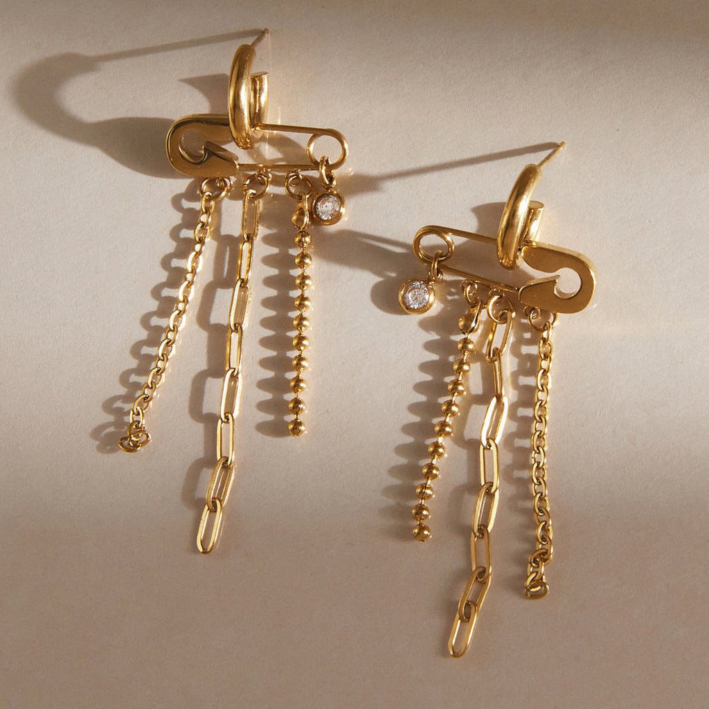 Safety Pin Chain Tassel Earrings
