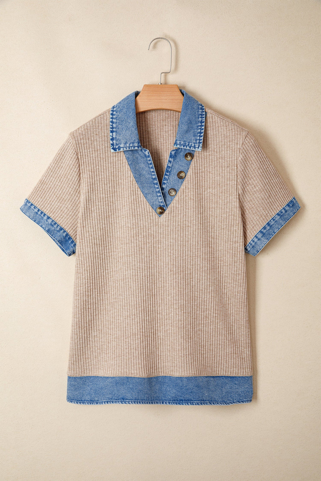 Beige Ribbed Knit Denim Color Block Patchwork Button Detail Collared Blouse