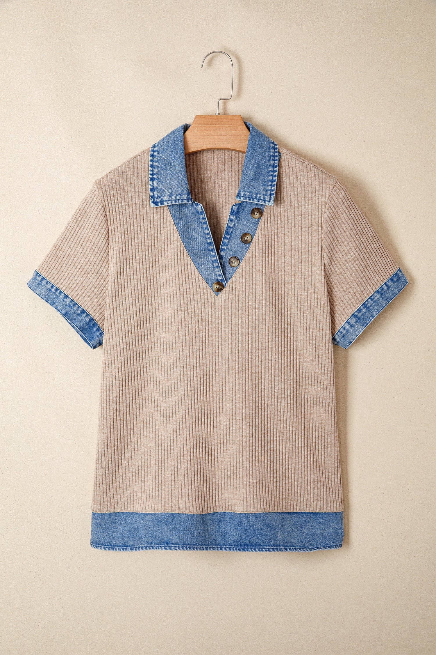 Beige Ribbed Knit Denim Color Block Patchwork Button Detail Collared Blouse