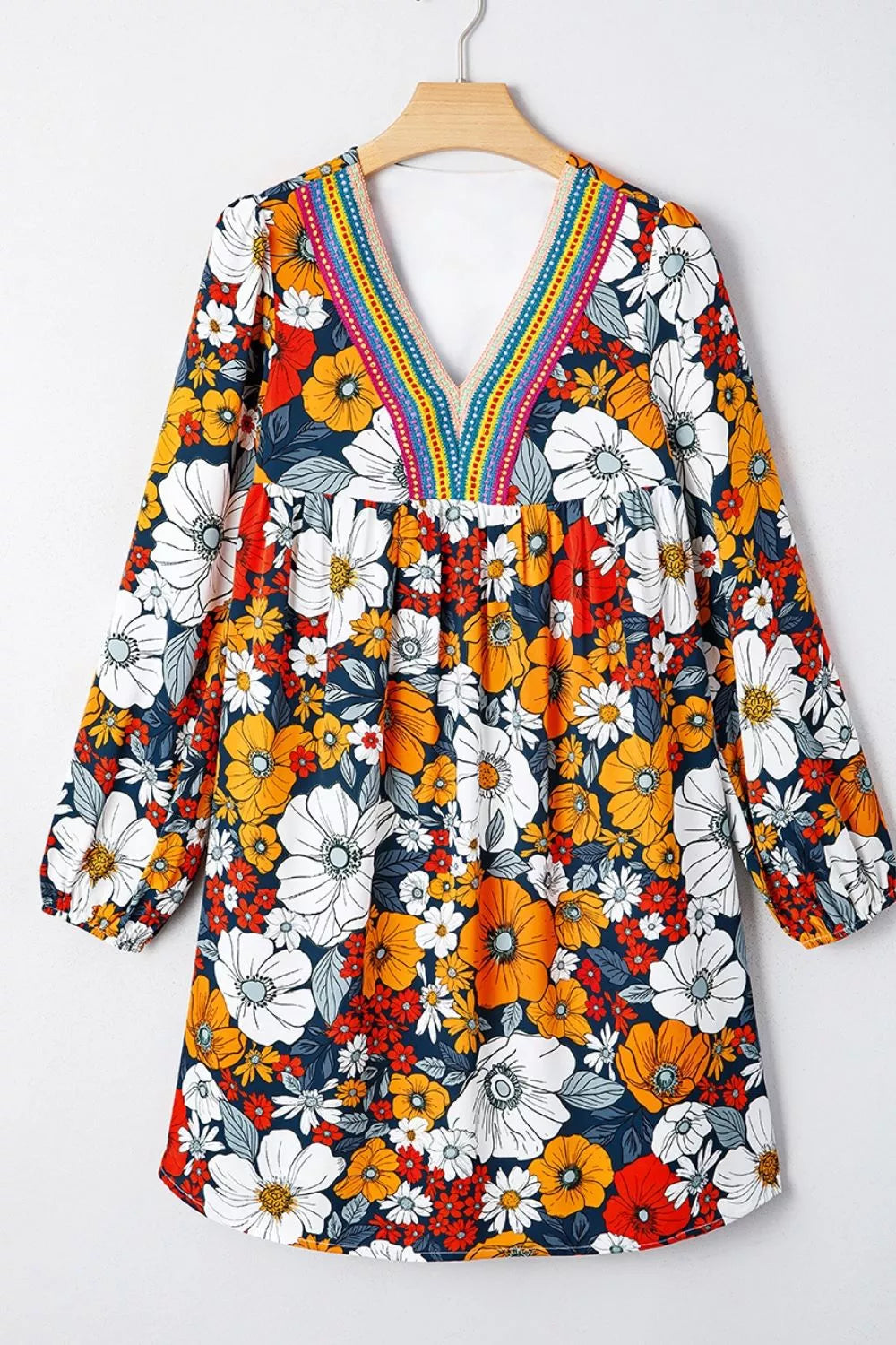 Boho Floral Print V-Neck Mini Dress with Pockets