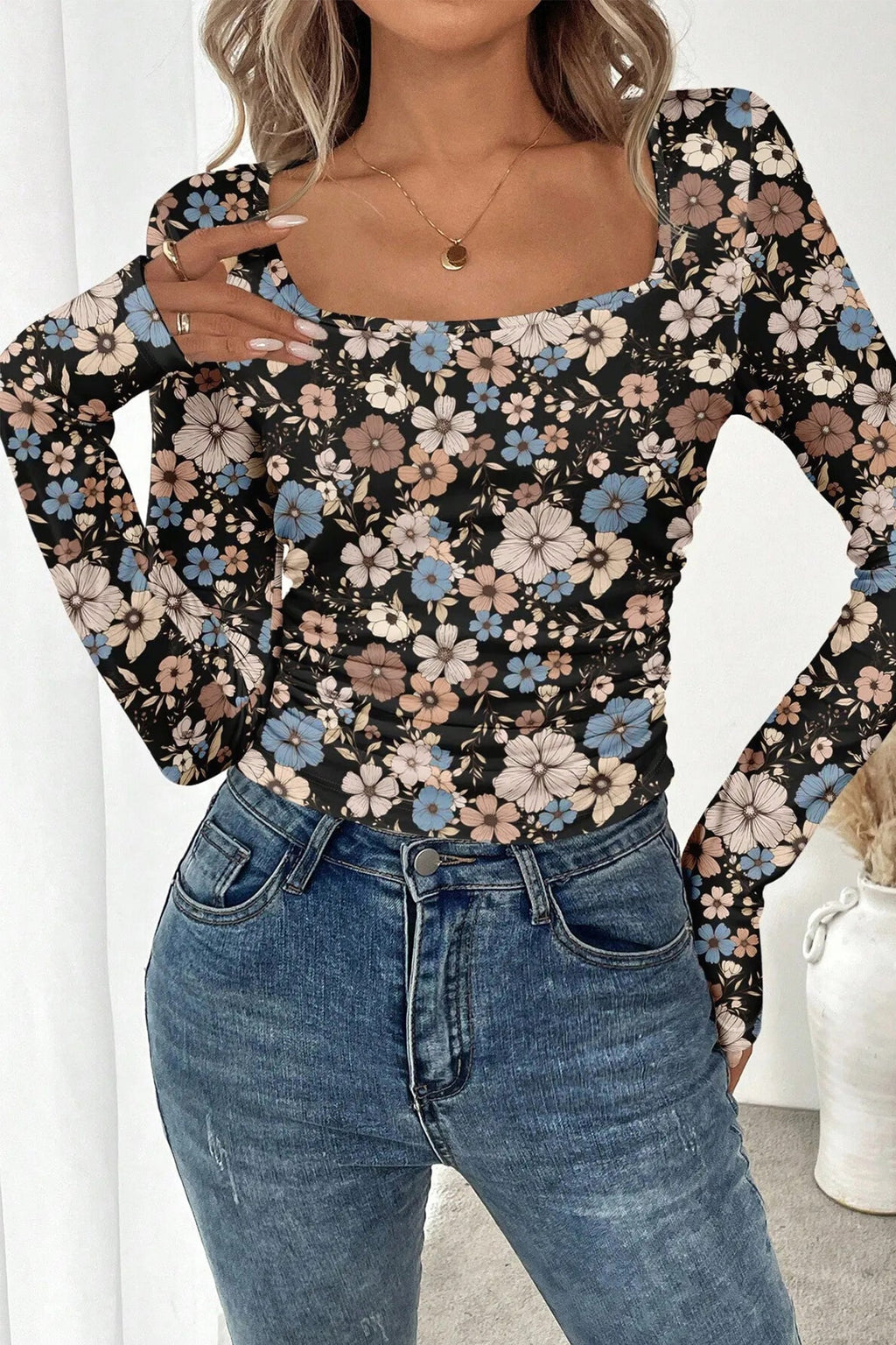 Leopard & Floral Square Neck Long Sleeve T-Shirt