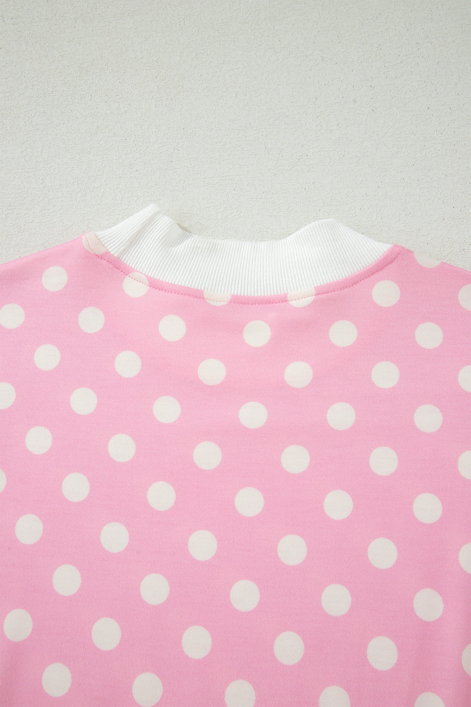 Pink Polka Dot Print Color Block Trim Mock Neck Short Set