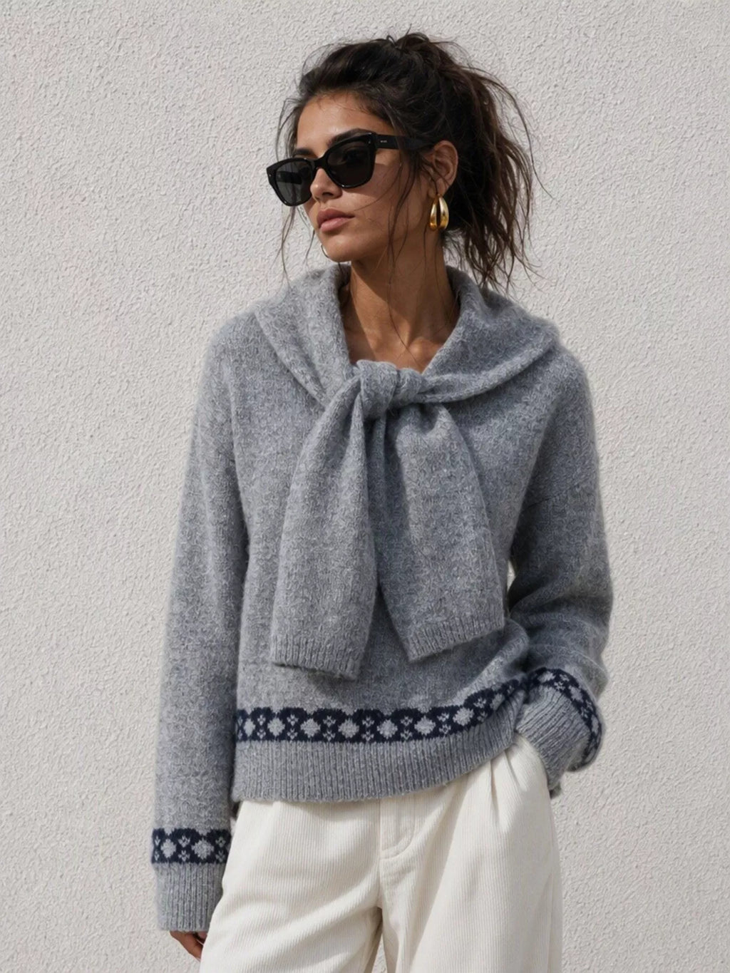 Scarf Detail Dropped Shoulder Sweater