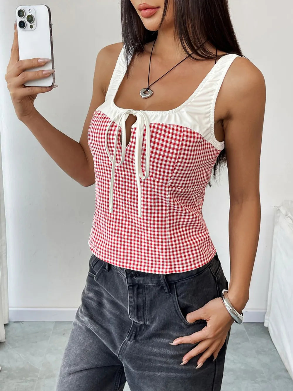 Contrast Plaid Square Neck Woven Tank Top
