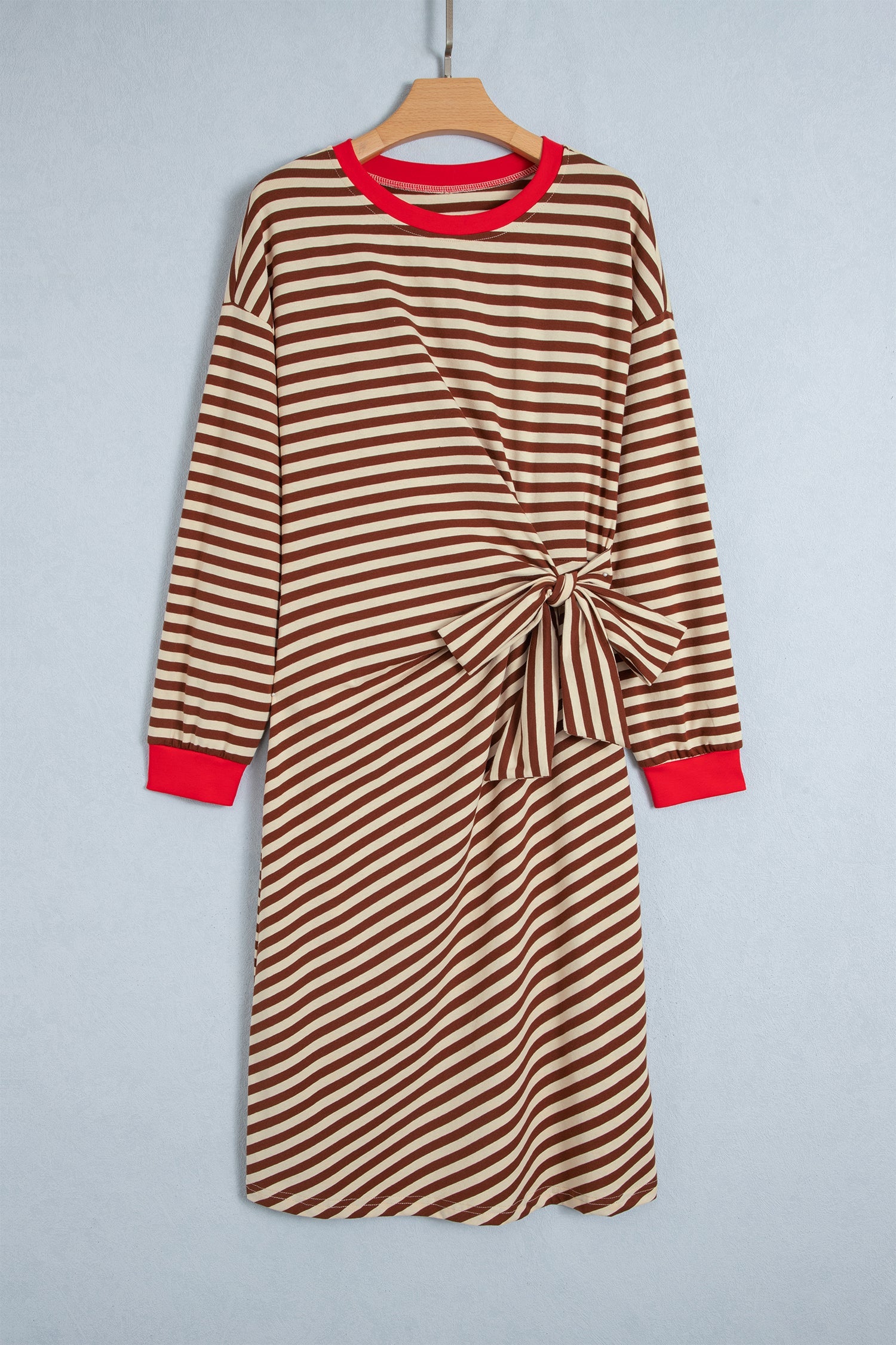 Brown Stripe Striped Colorblock Cuffs Round Neck Long Sleeve Shift Dress