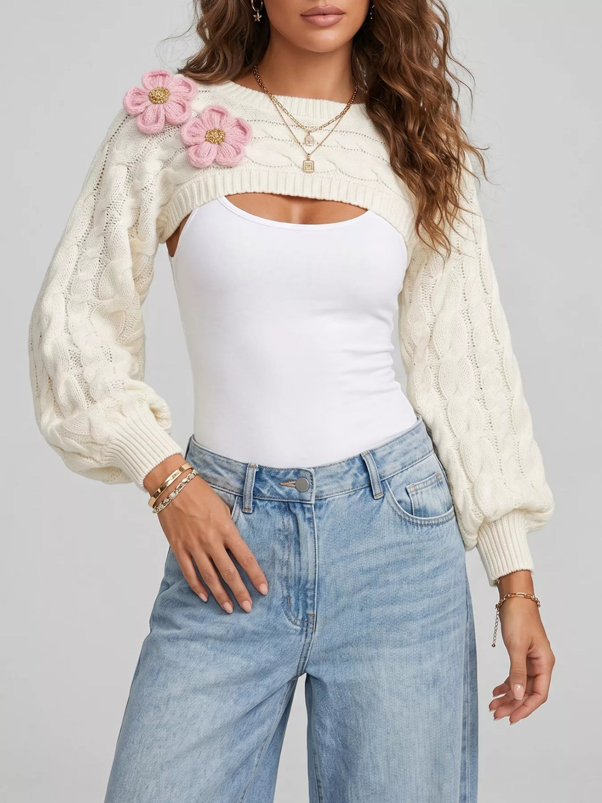Floral Applique Cable Knit Cover Up