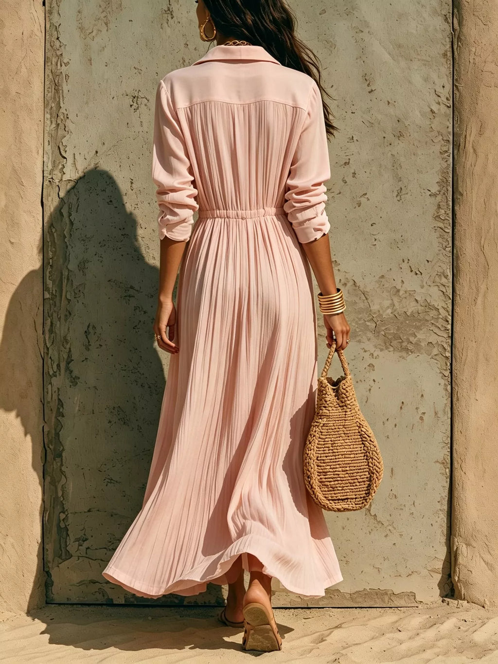 Full Size Textured Button Front Long Sleeve Maxi Dress Plus Size