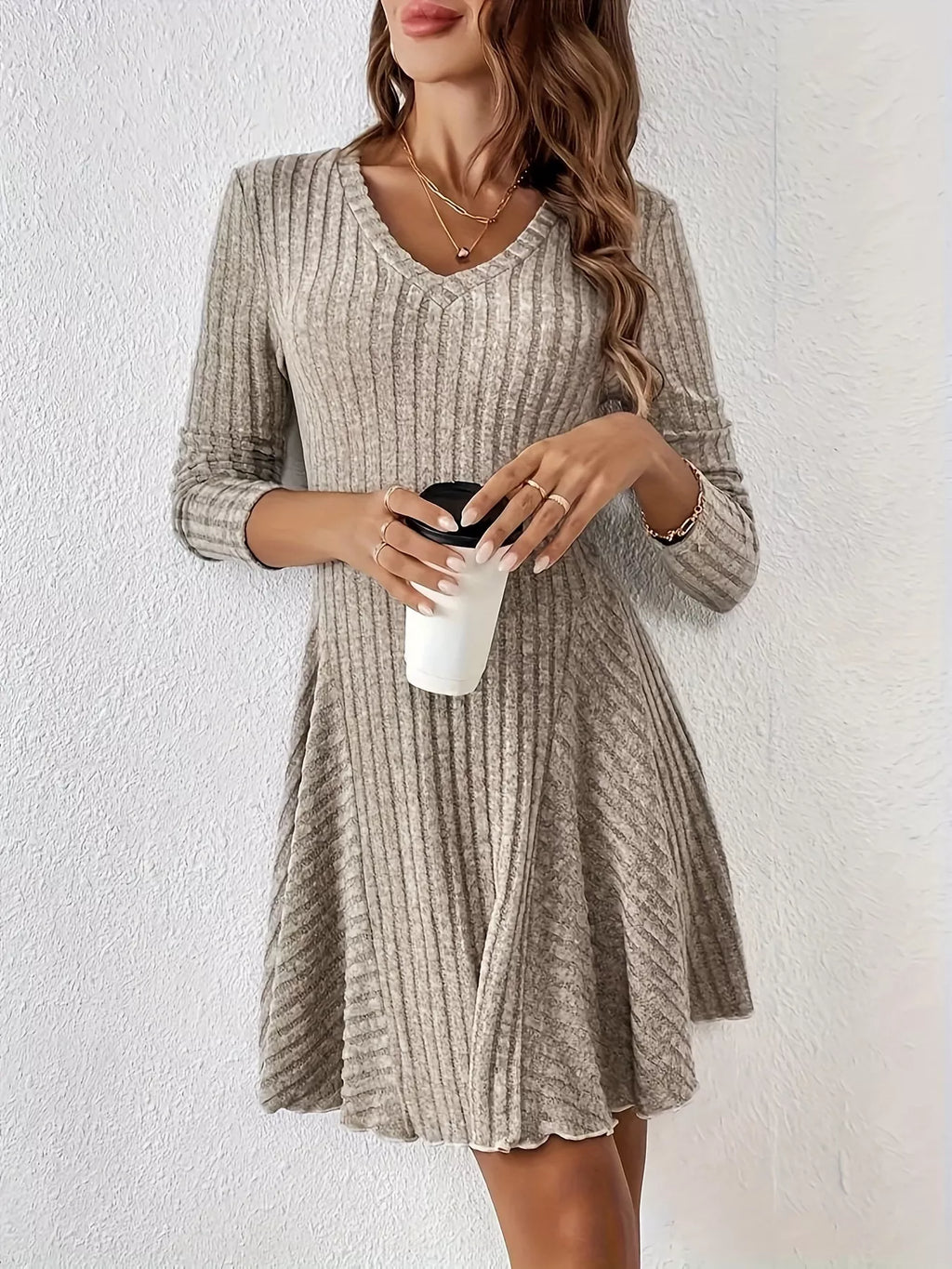 V-Neck Ribbed Knit Flared Knit Dress