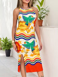 Tropical Parrot Print Sleeveless Midi Dress