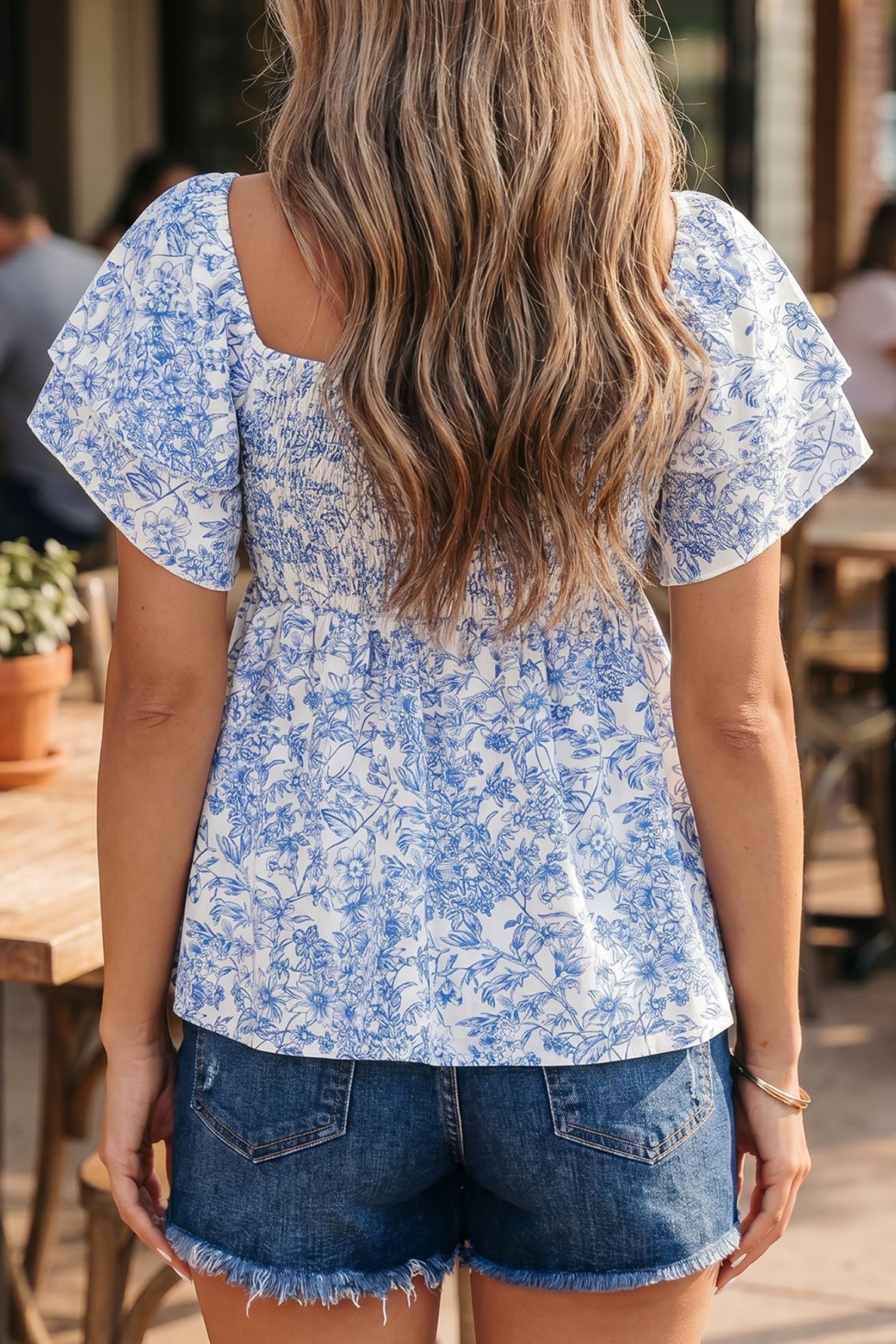 Sky Blue Floral Print Square Neck Ruffled Sleeve Shirred Babydoll Blouse