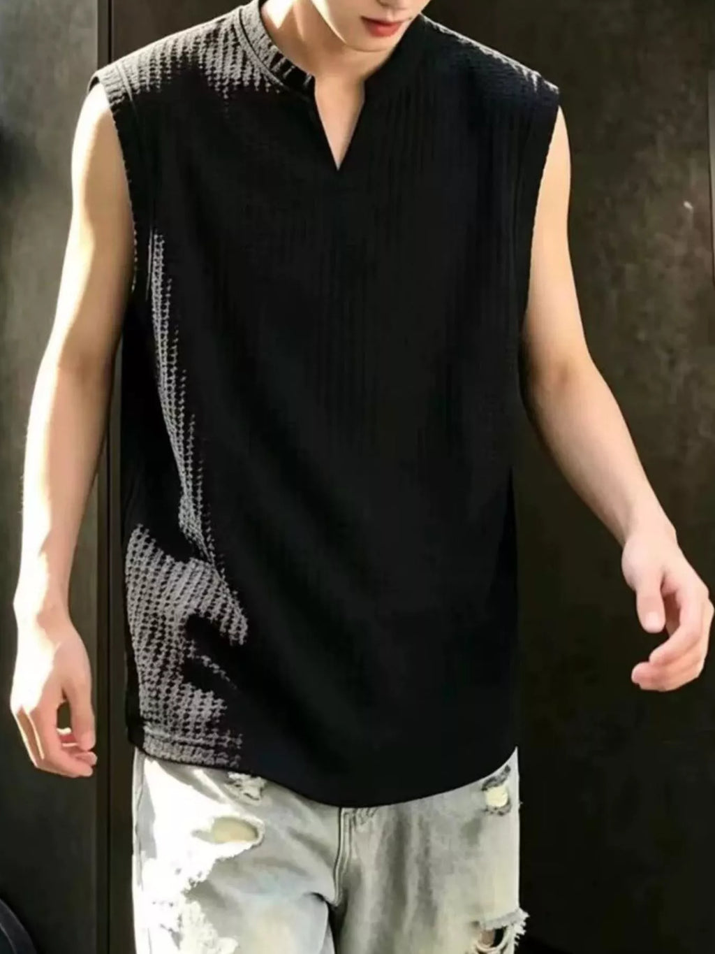 Men's Plus Size Textured Knit Notched Tank Top