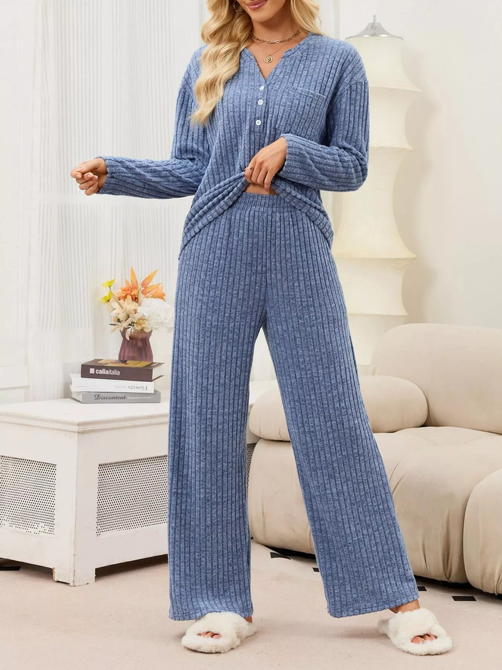 Ribbed Knit Top and Wide-Leg Pants Set