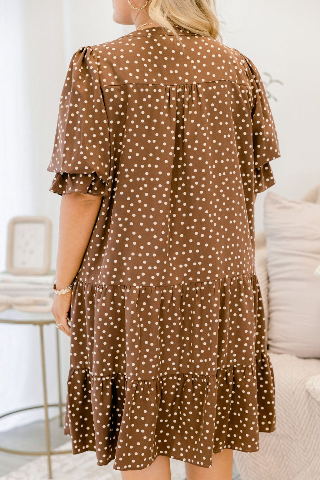 Brown V Neck Polka Dot Long Sleeve Shift Plus Size Dress