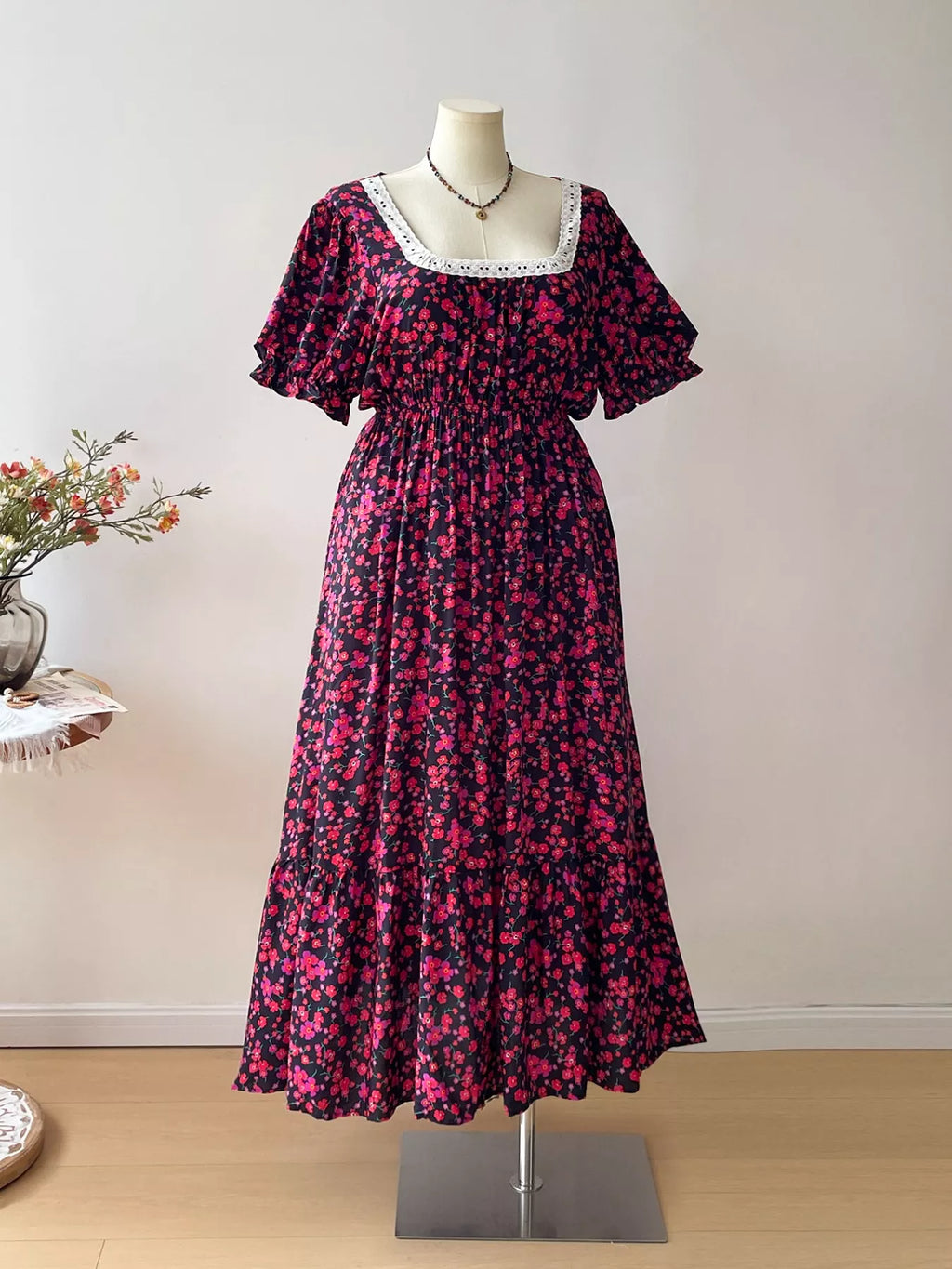 Floral Square Neck Short Sleeve Dress