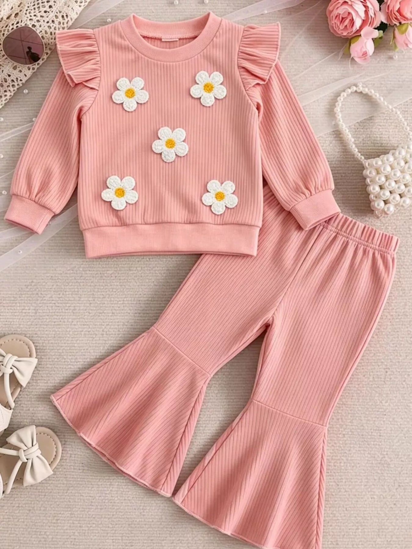 Children's Daisy Ruffled Ribbed Top and Flare Pants Set
