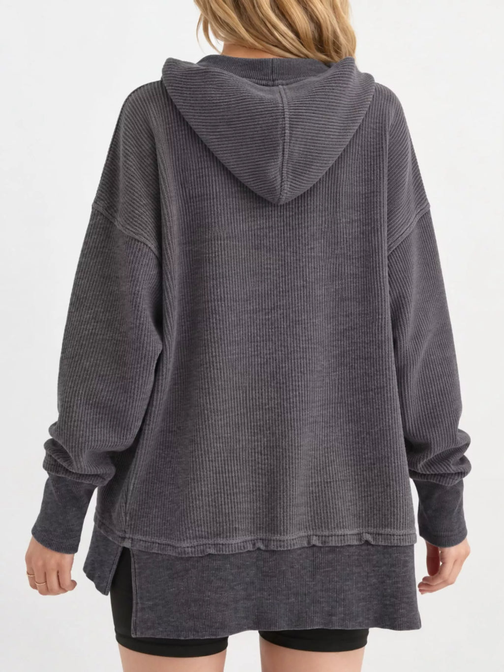Full Size Snap Button Placket Dropped Shoulder Hoodie Plus Size