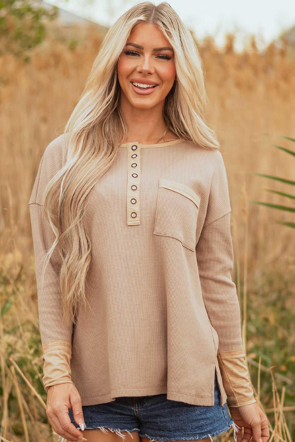 Dark Khaki Color Block Waffle Textured Tunic Henley Top with Slits