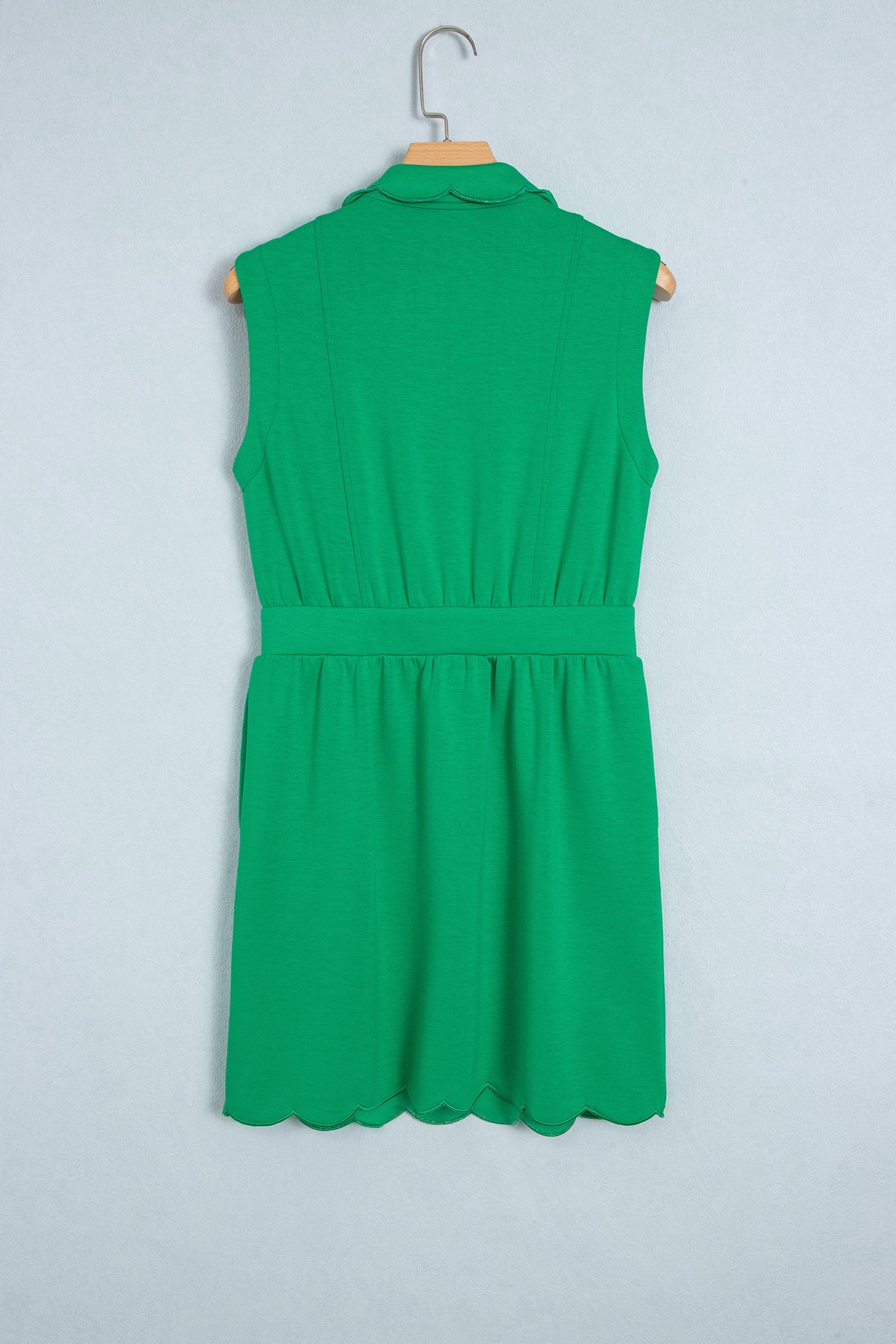 Bright Green Sleeveless Zip Front Scallop Hem Mini Dress