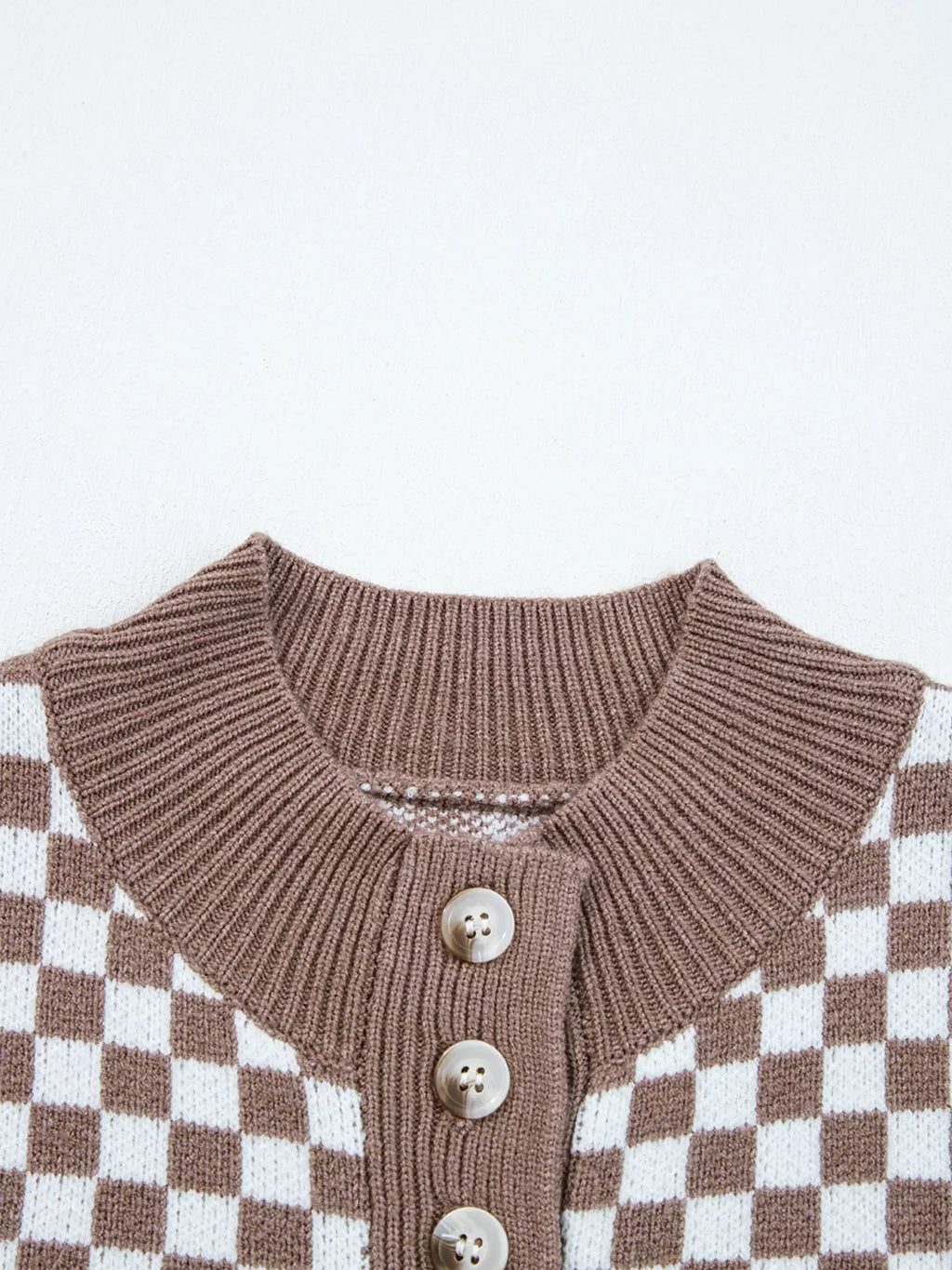 Half Button Ribbed Trim Checkerboard Knit Sweater