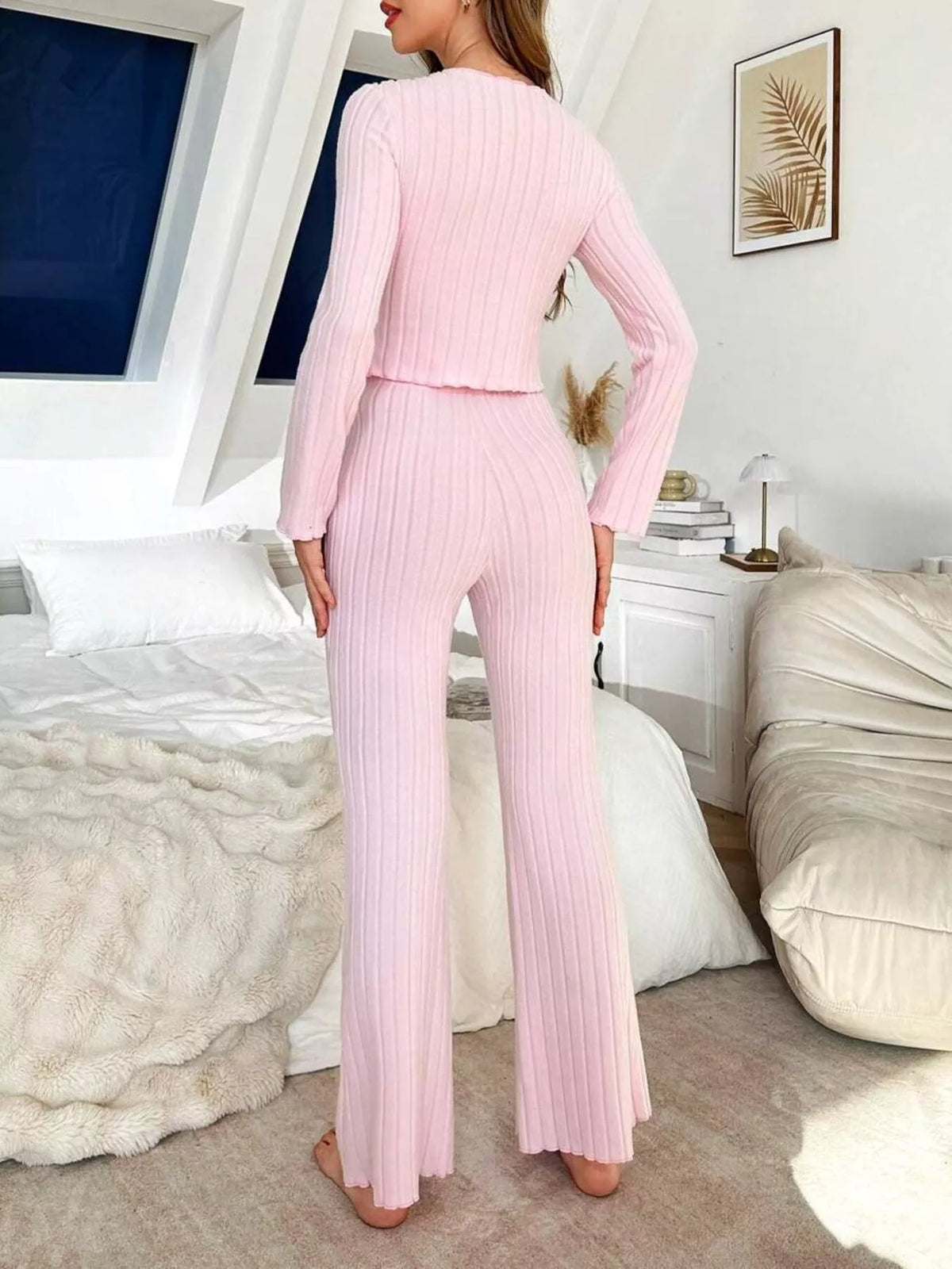 Bow Detail Ribbed Knit Top and Pants Lounge Set