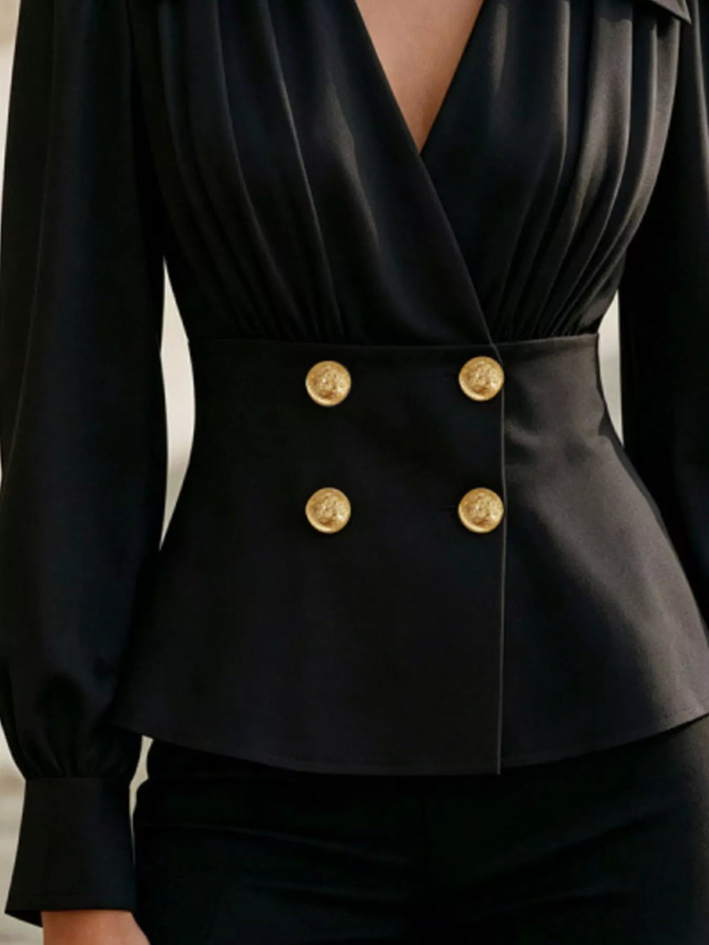 Double-Breasted Peplum Blouse with Gold Buttons