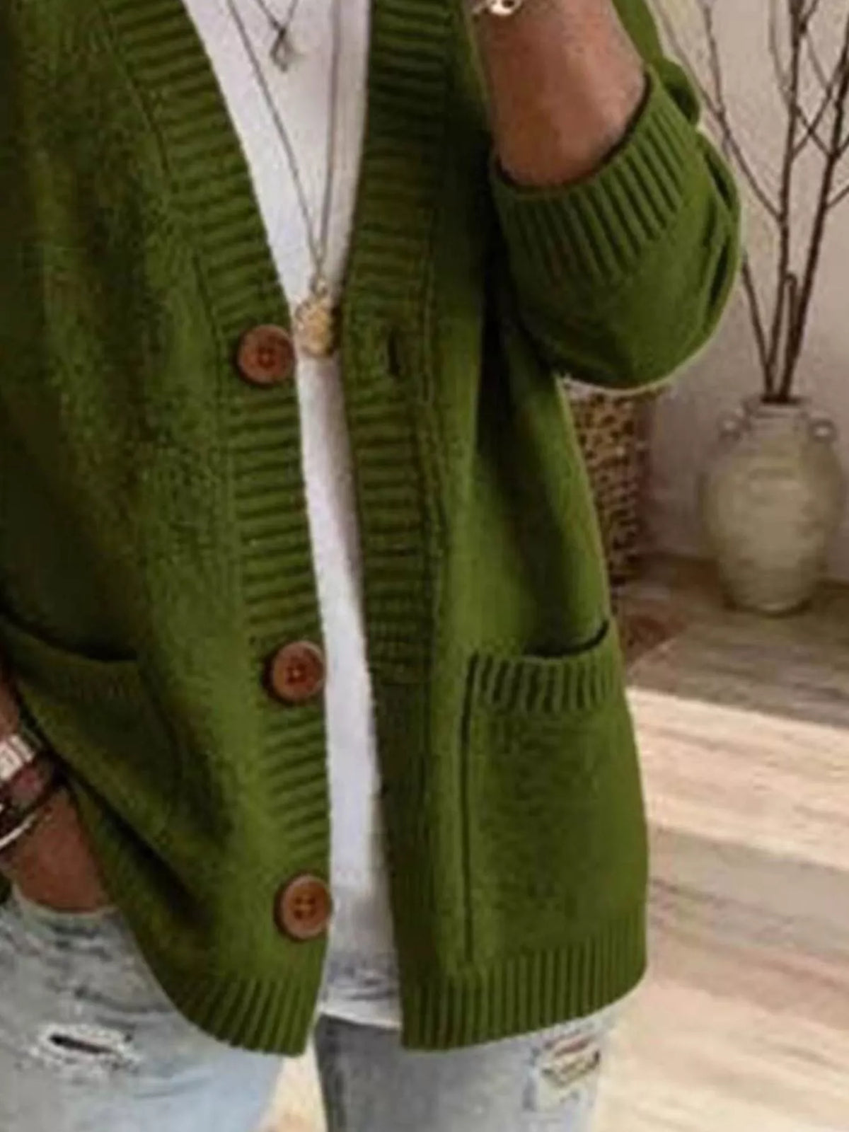 Casual V-Neck Button-Down Knit Cardigan with Pockets