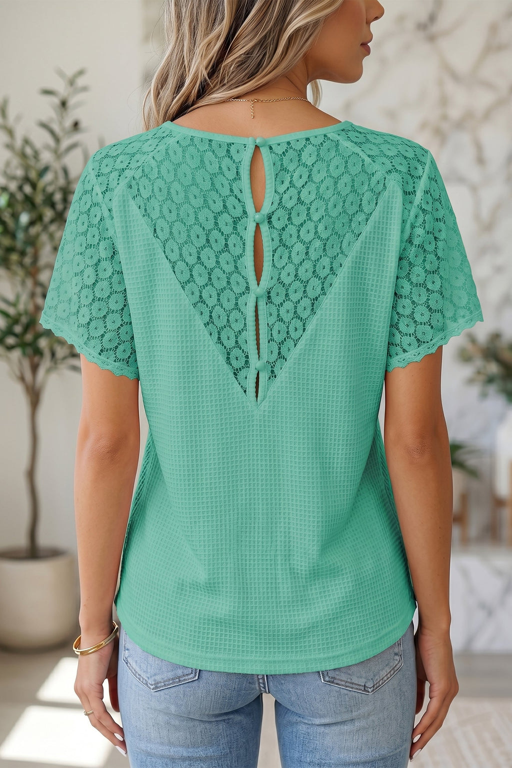 Pink Lace Splicing Button Cutout V Neck Waffle Knit Blouse