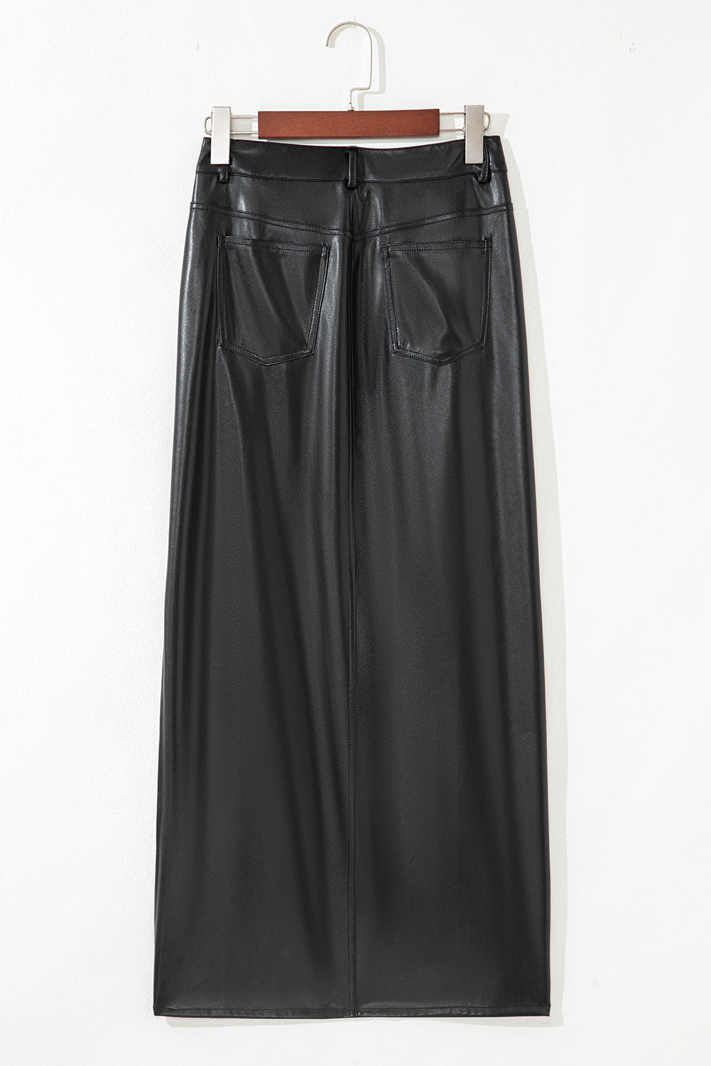 Solid Faux Leather Side Slit Maxi Skirt