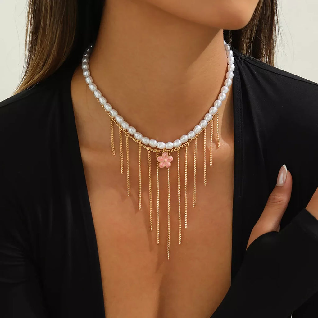 Elegant Pearl Choker Necklace with Flower Charm and Tassel Dangles