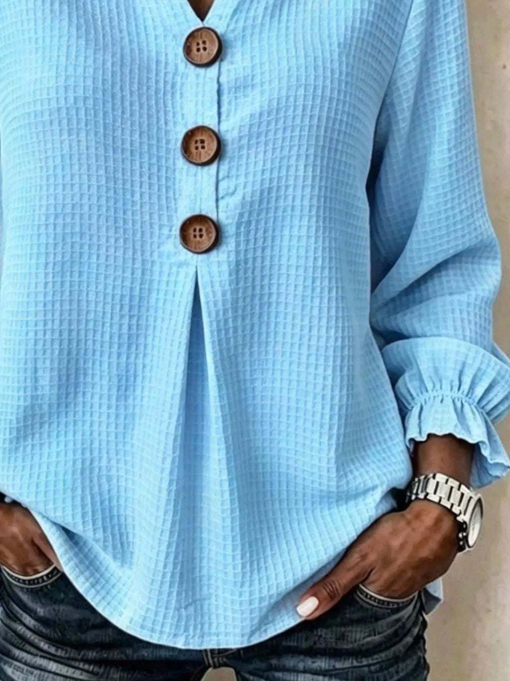 Full Size Waffle Knit Flounce Sleeve Blouse Plus Size