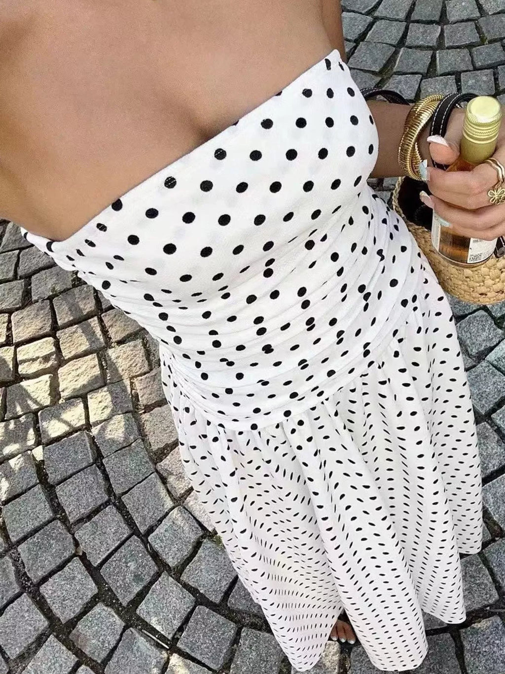 Strapless Polka Dot Ruched Maxi Dress
