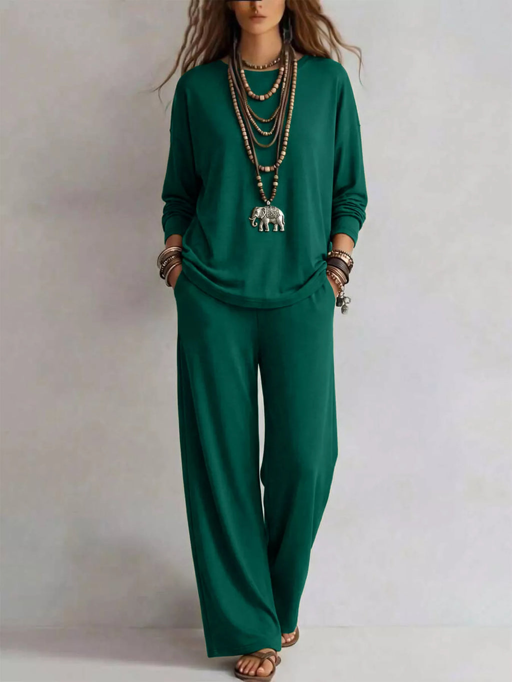 Round Neck T-Shirt and Wide-Leg Pants Set
